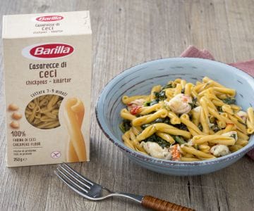 Casarecce de legumbres con gambas, espinacas y limón