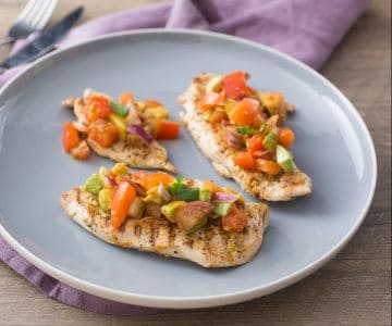 Pollo con tomates y aguacate