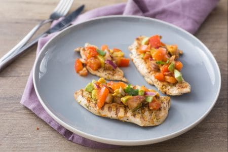 Pollo con tomates y aguacate