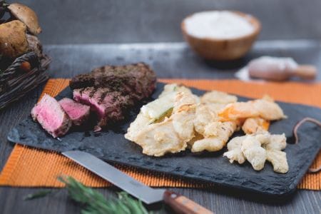 Tempura de verduras otoñales y carne