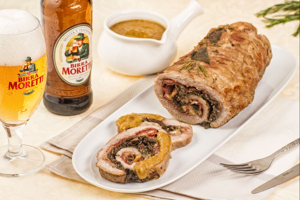 Rollé a la cerveza con speck y setas