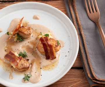 Vieiras con panceta y crema de castañas