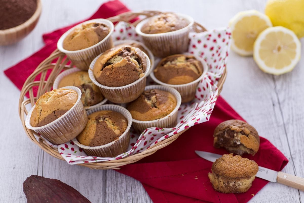 Muffins marmoleados de cacao con trocitos de chocolate blanco