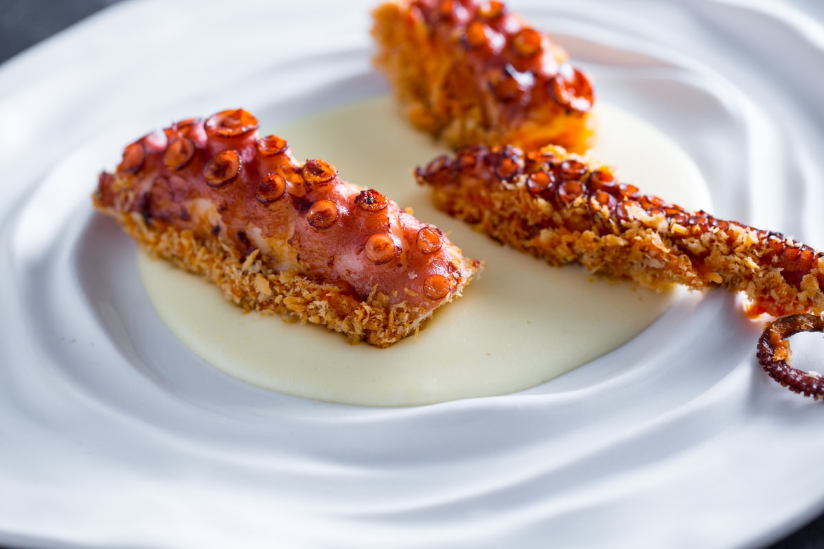 Pulpo a la plancha sobre crema de patatas