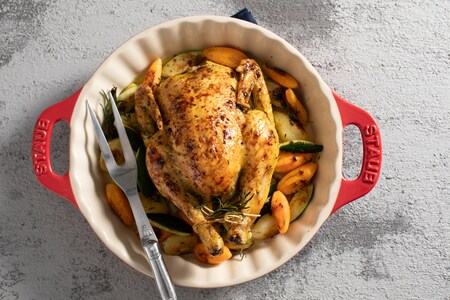 Pollo asado con verduras torneadas