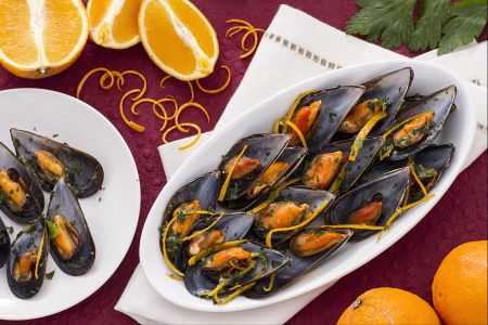 Mejillones a la naranja y jengibre