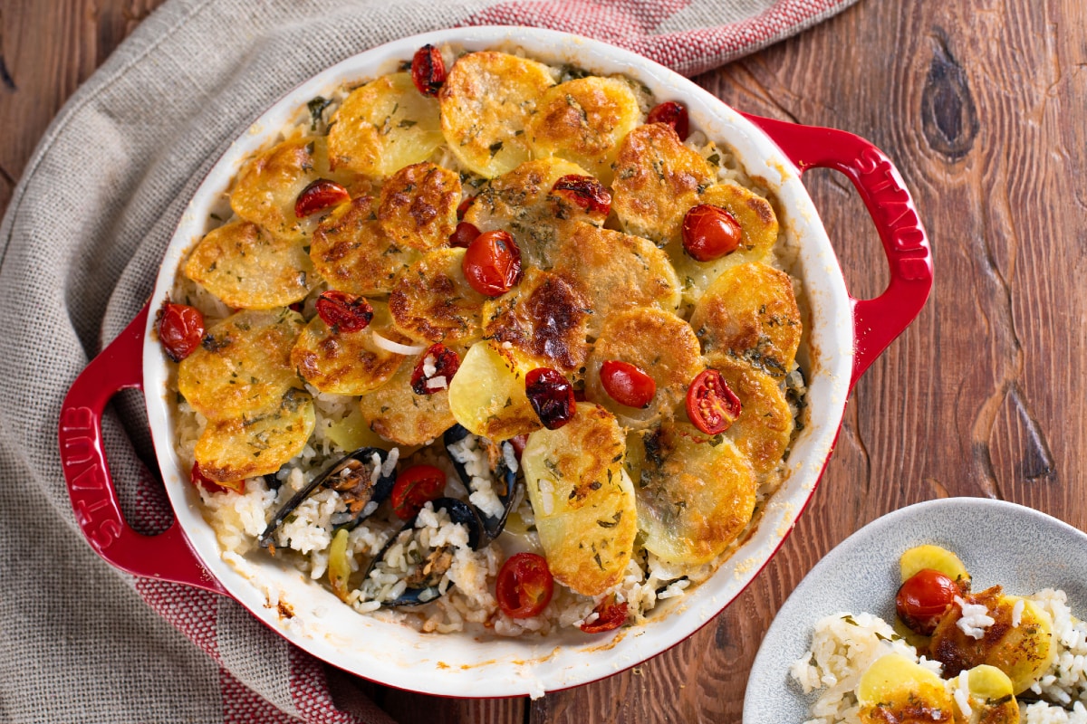 Tiella barese (arroz, patatas y mejillones)