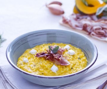 Risotto de calabaza con robiola y panceta crujiente