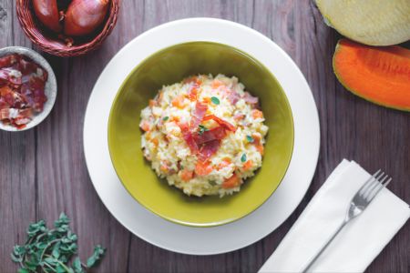 Risotto con jamón y melón