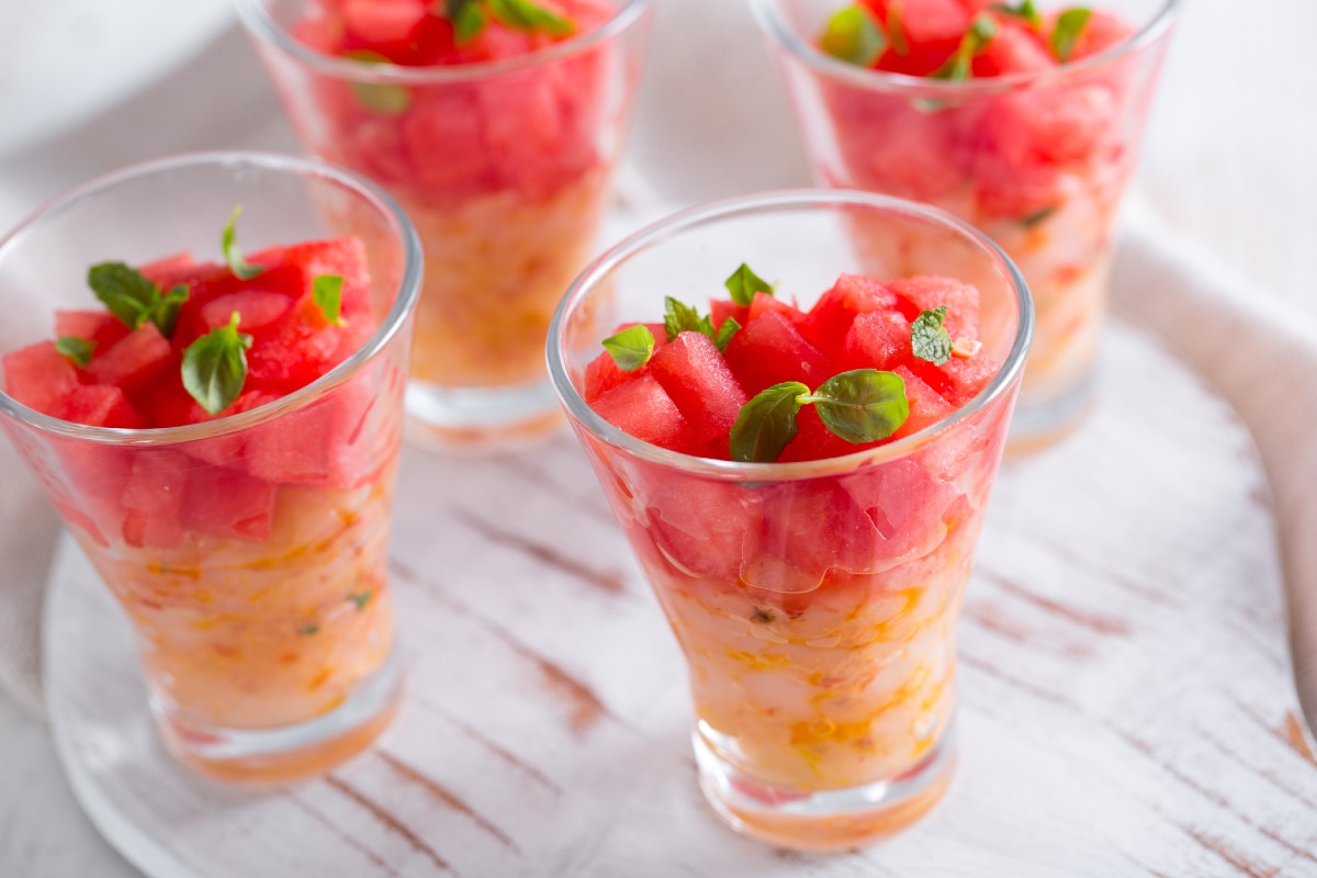 Tartar de gambas y sandía