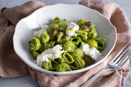 Pasta con pesto de rúcula, berenjenas en aceite y stracciatella