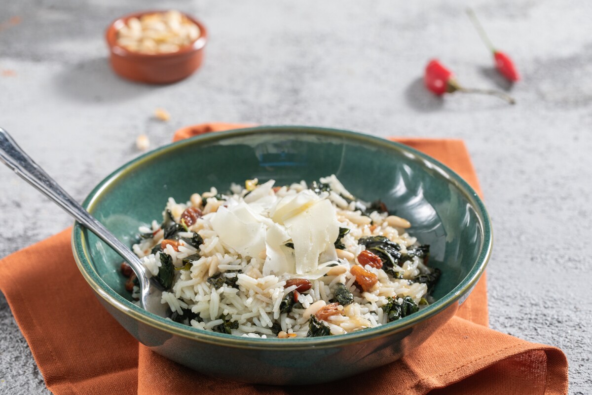 Ensalada de arroz invernal con grelos y Ragusano