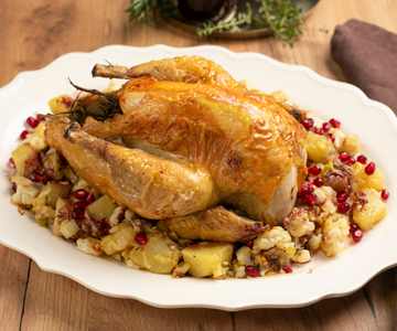Gallina de Guinea al horno con patatas, coliflor y granada