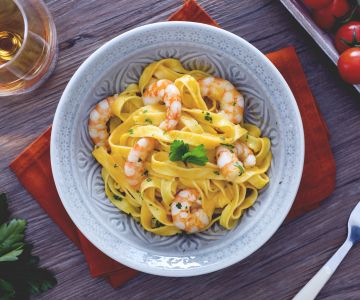 Fettuccine con crema de gambas y brandy