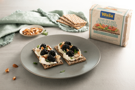 Tostas crujientes con crema de queso, miel, moras y almendras tostadas