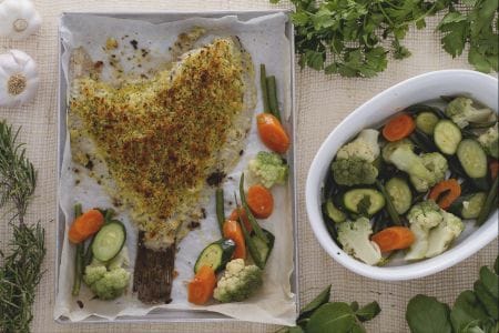 Rodaballo gratinado con verduras