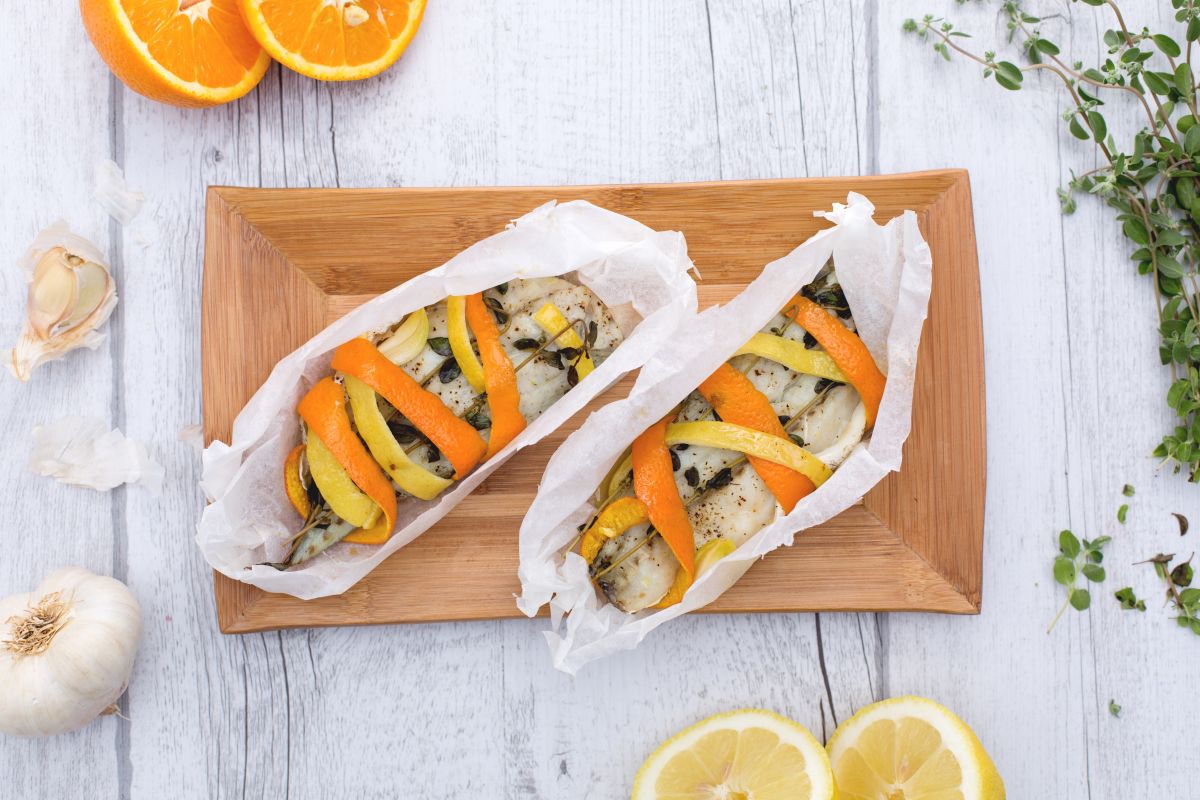 Corvina en papillote con aroma de cítricos