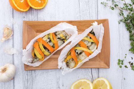 Corvina en papillote con aroma de cítricos