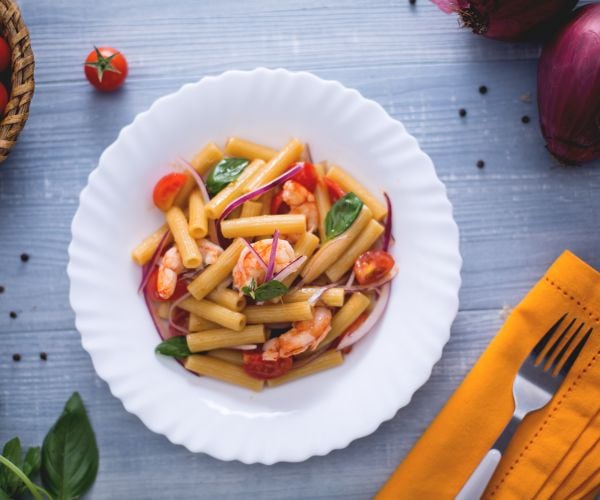 Sedani rigati con gambas a la catalana