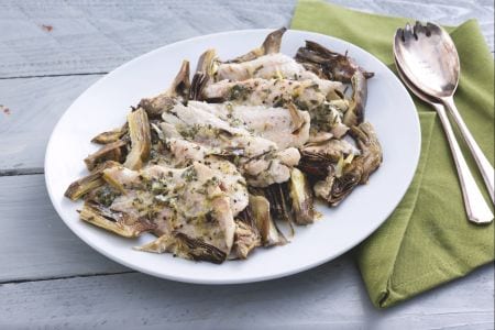 Mero al horno con alcachofas